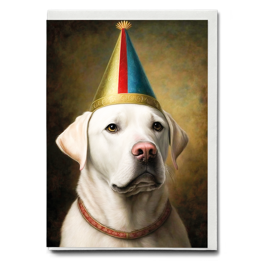 Renaissance painting of a white Labrador with a party hat - Greeting Card