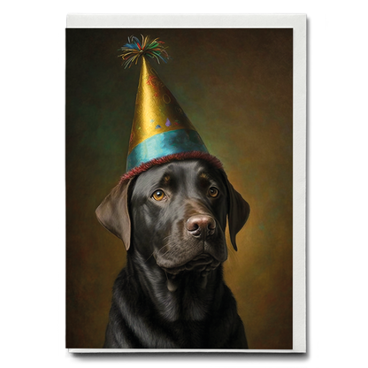 Renaissance painting of a black Labrador with a party hat - Greeting Card