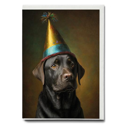 Renaissance painting of a black Labrador with a party hat - Greeting Card