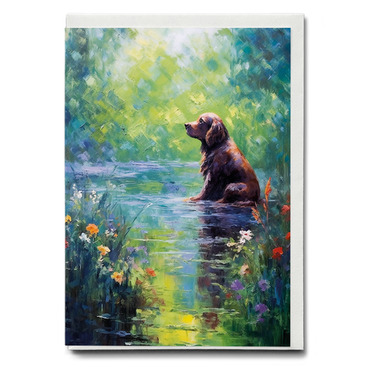 Dog sitting in the garden Moner style - Greeting Card