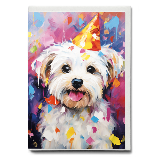 Maltese with wa party hat colourful painting I - Greeting Card