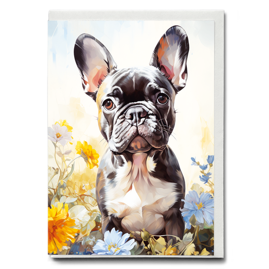 French bulldog surrounded by flowers  - Greeting Card