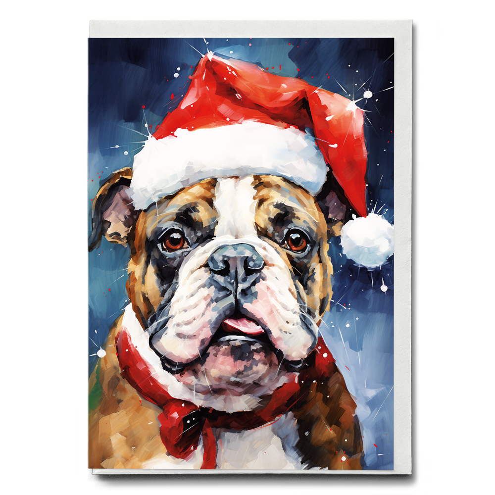 Painting of an english bulldog wearing a Christmas hat - Greeting Card