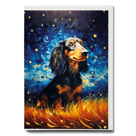 Longhaired dachshund in a weed field  Van Gogh style - Greeting Card