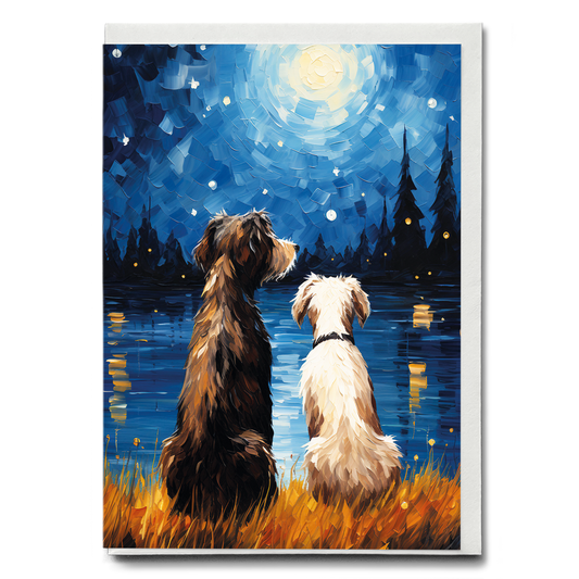 Two dogs looking at the starry night Van Gogh style - Greeting Card