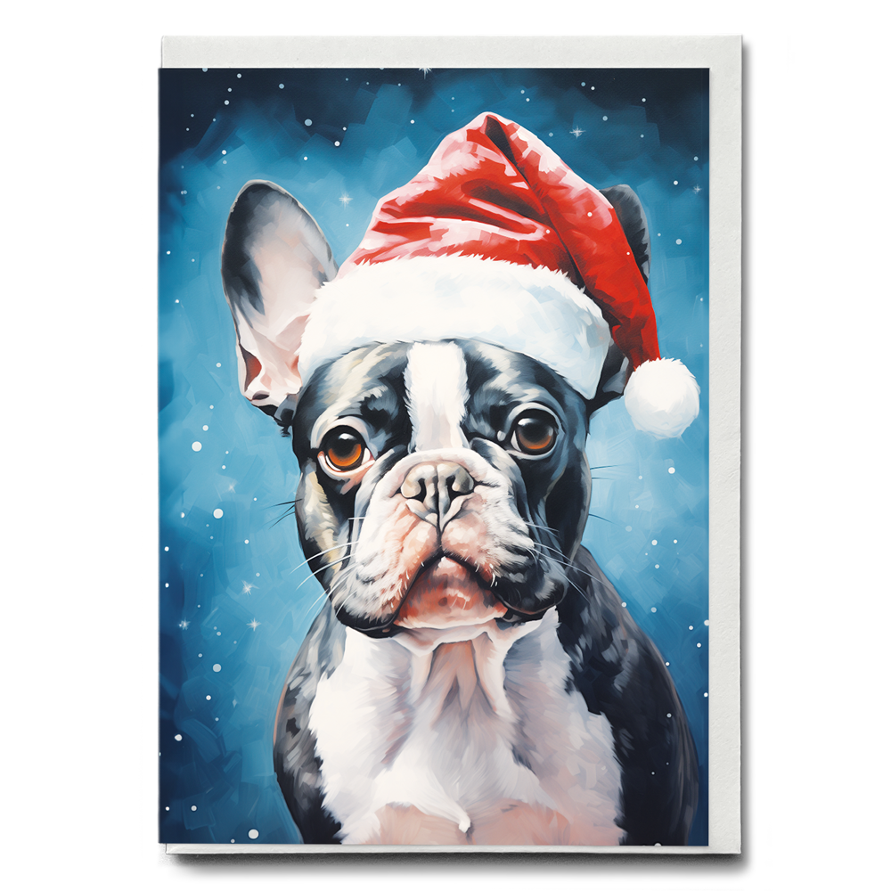 Painting of a french bulldog wearing a Christmas hat - Greeting Card