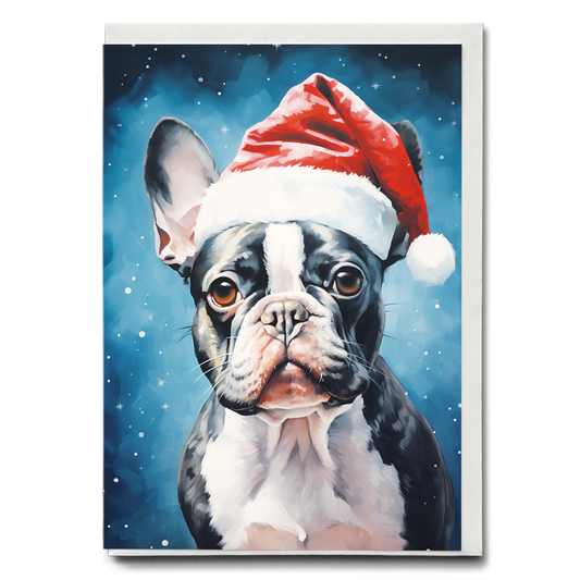 Painting of a french bulldog wearing a Christmas hat - Greeting Card