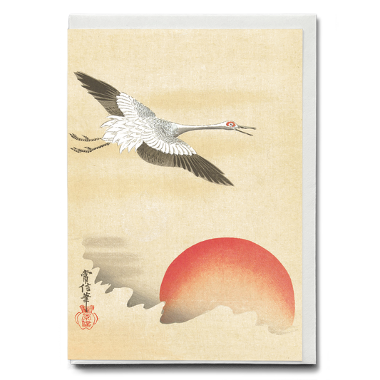 Crane flying at red moon By Kano Tsunenobu - Greeting Card