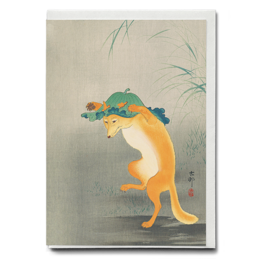 Dancing Fox with Lotus-leaf Hat By Ohara Koson - Greeting Card
