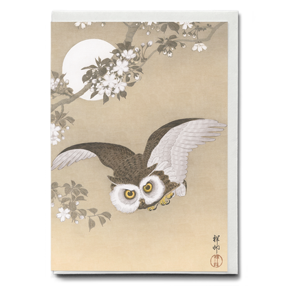 Scops Owl Flying Under Cherry blossoms By Ohara Koson - Greeting Card