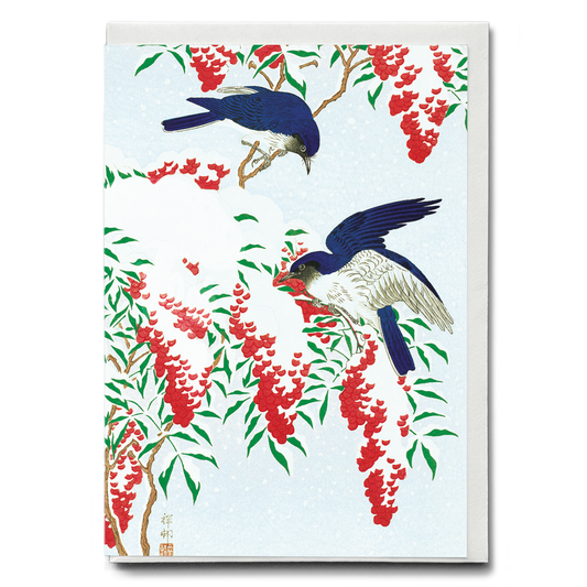 Flycatchers on a nandina bush By Ohara Koson - Greeting Card