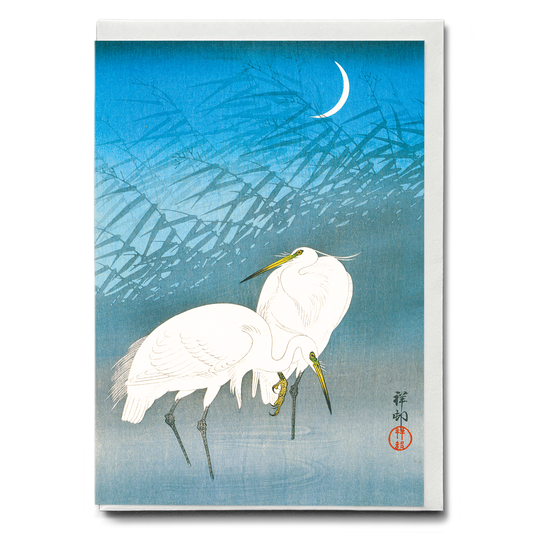 Egrets and Reeds in Moonlight By Ohara Koson - Greeting Card