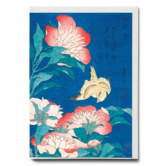 Katsushika Hokusai's peonies and canary - Greeting Card