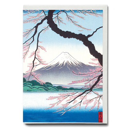 Mount Fuji framed by blossoms and a river - Greeting Card