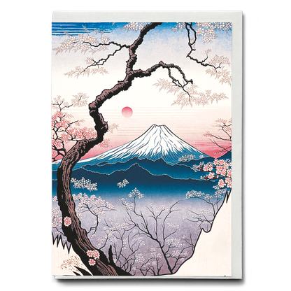 Cherry Blossom View of Mount Fuji in Pink Hues - Greeting Card