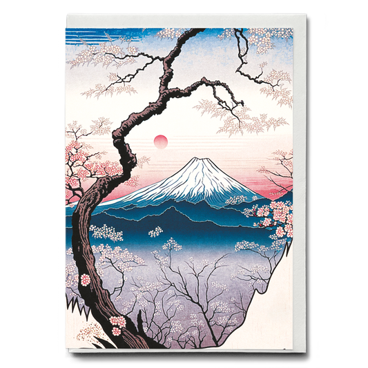 Cherry Blossom View of Mount Fuji in Pink Hues - Greeting Card