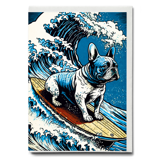 French bulldog surfing on the great wave - Greeting Card