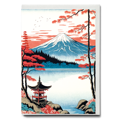 The Majesty of Mount Fuji: A Serene Lake and Red Shrine - Greeting Card