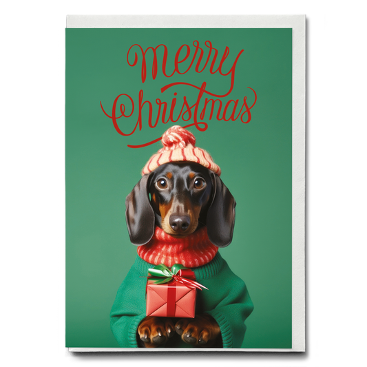 Dachshund handing a gift - Greeting Card
