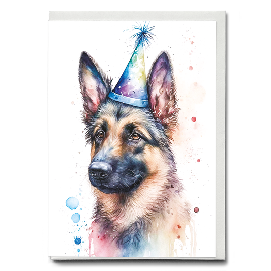 German shepherd wearing a party hat - Greeting Card