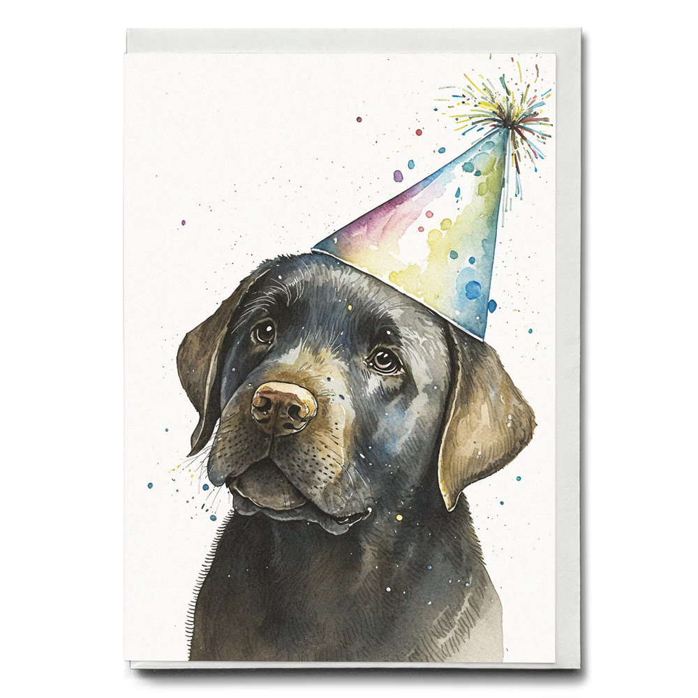 Black labrador wearing a party hat - Greeting Card