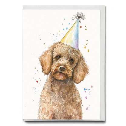 Brown poodle wearing a party hat - Greeting Card
