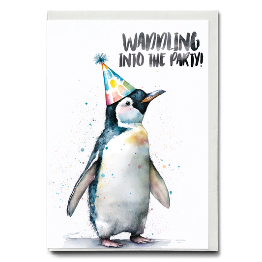Penguin waddling into the party - Greeting Card