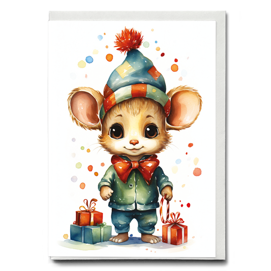 Little mouse with christmas gifts - Greeting Card