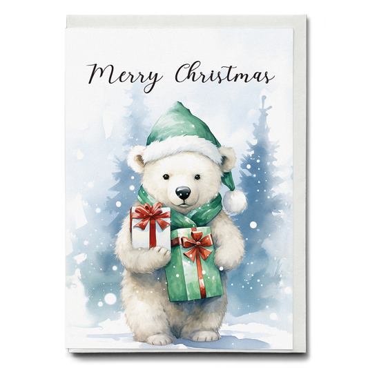 Cute little polar bear bringing Christmas gifts  - Greeting Card
