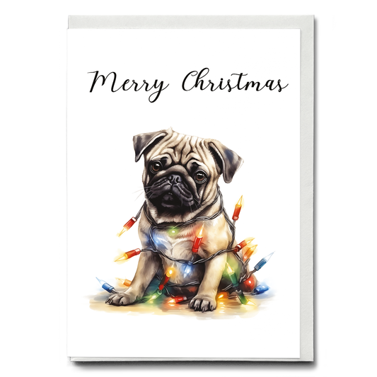 Pug tangled in Christmas light - Greeting Card