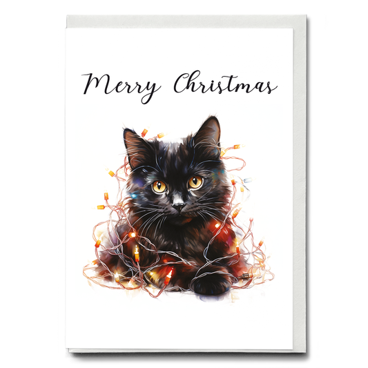 Black Cat tangled in Christmas light - Greeting Card