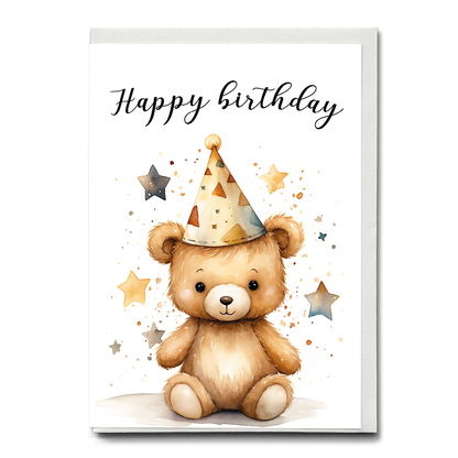 cute teddy bear wearing a party hat - Greeting Card