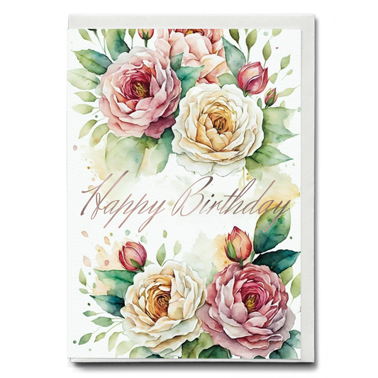 Happy Birthday Pink And White Roses - Wenskaart