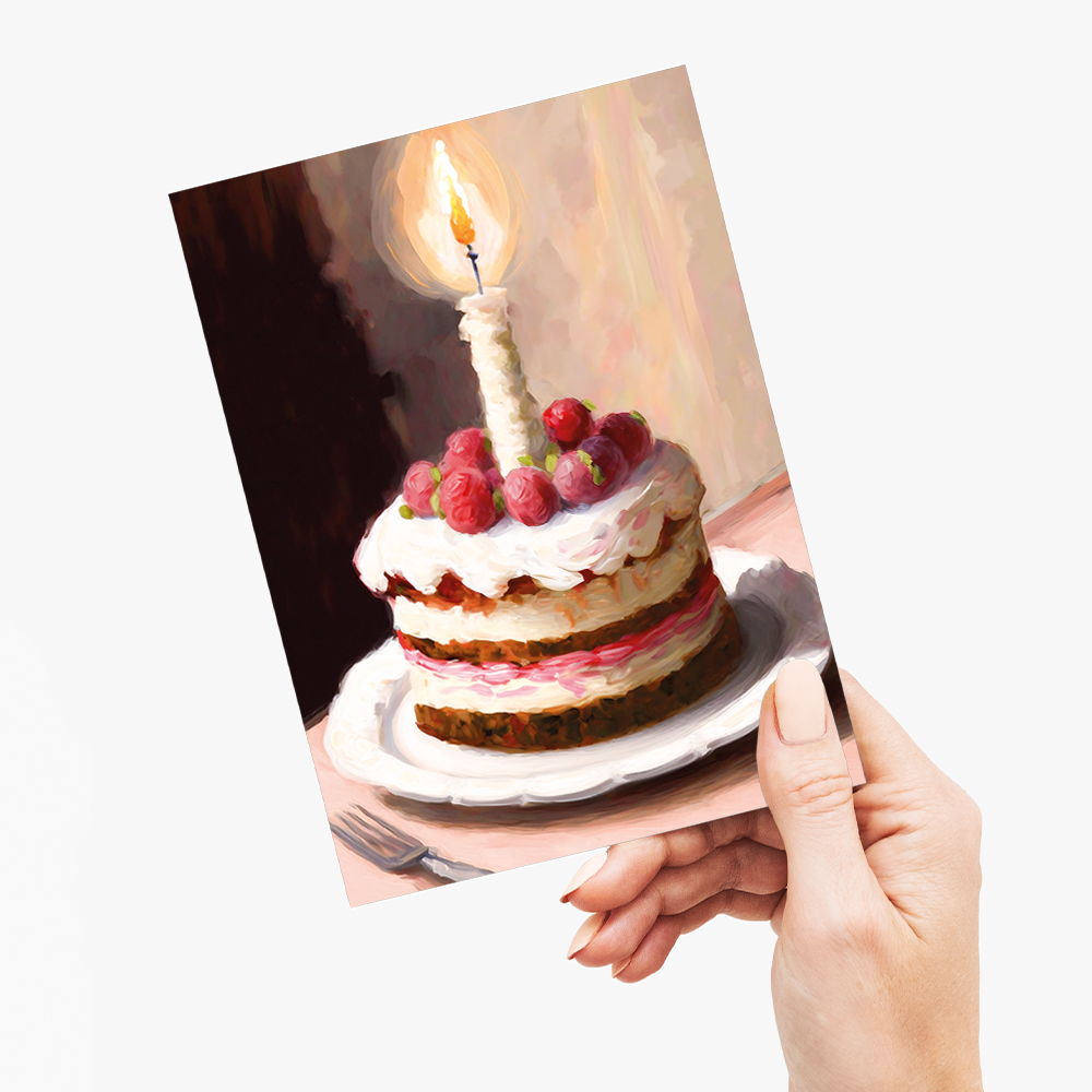 Stawberry Birthday cake painting in Claude Monet style - Greeting Card