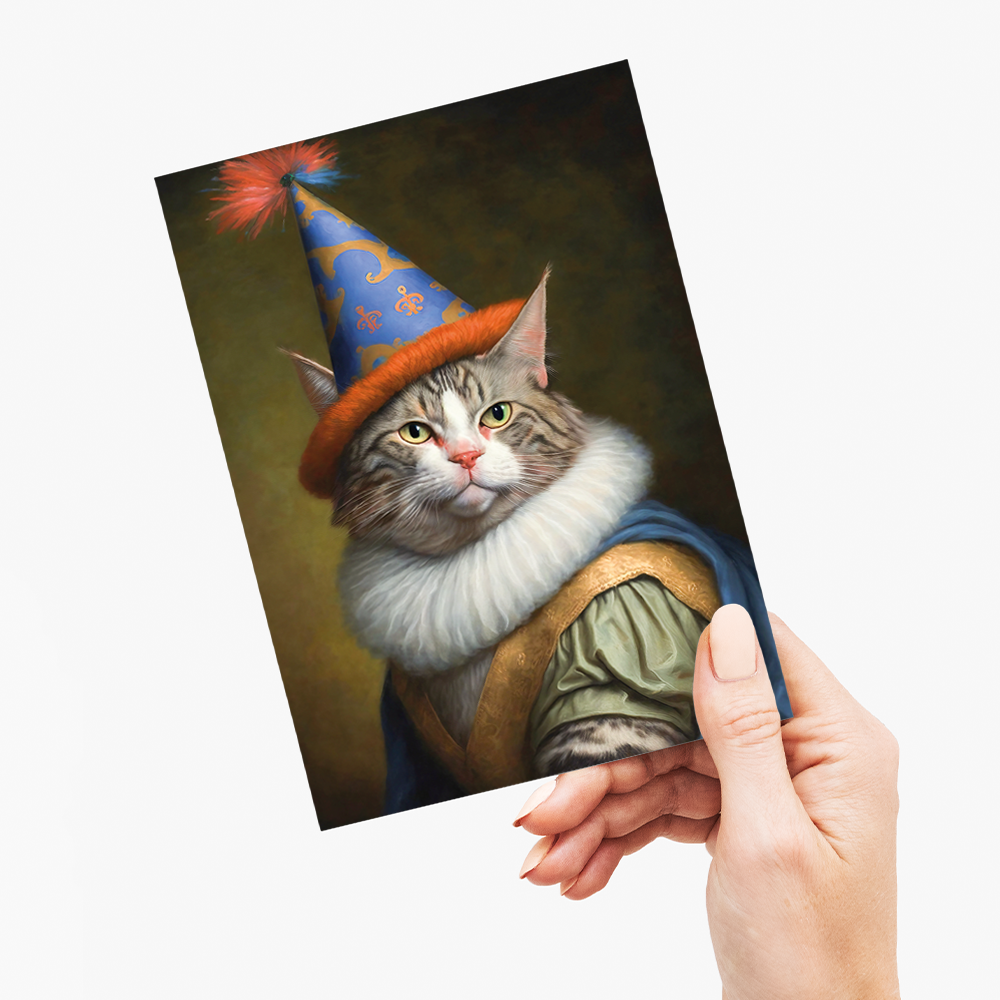 Renaissance painting of a Maine Coon with a party hat on - Greeting Card