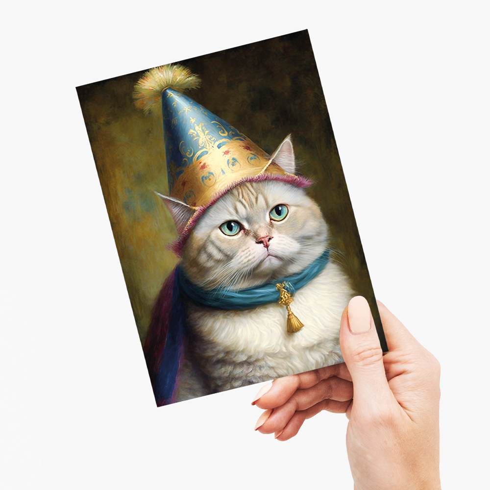 Renaissance painting of a Persian cat with a party hat - Greeting Card