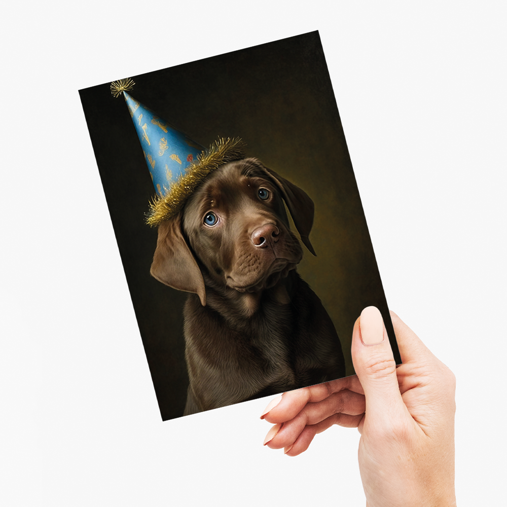 Renaissance painting of a brown Labrador puppy with a party hat - Greeting Card