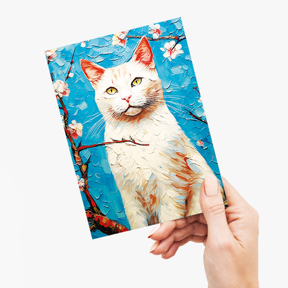 Almond blossom with white cat - Greeting Card