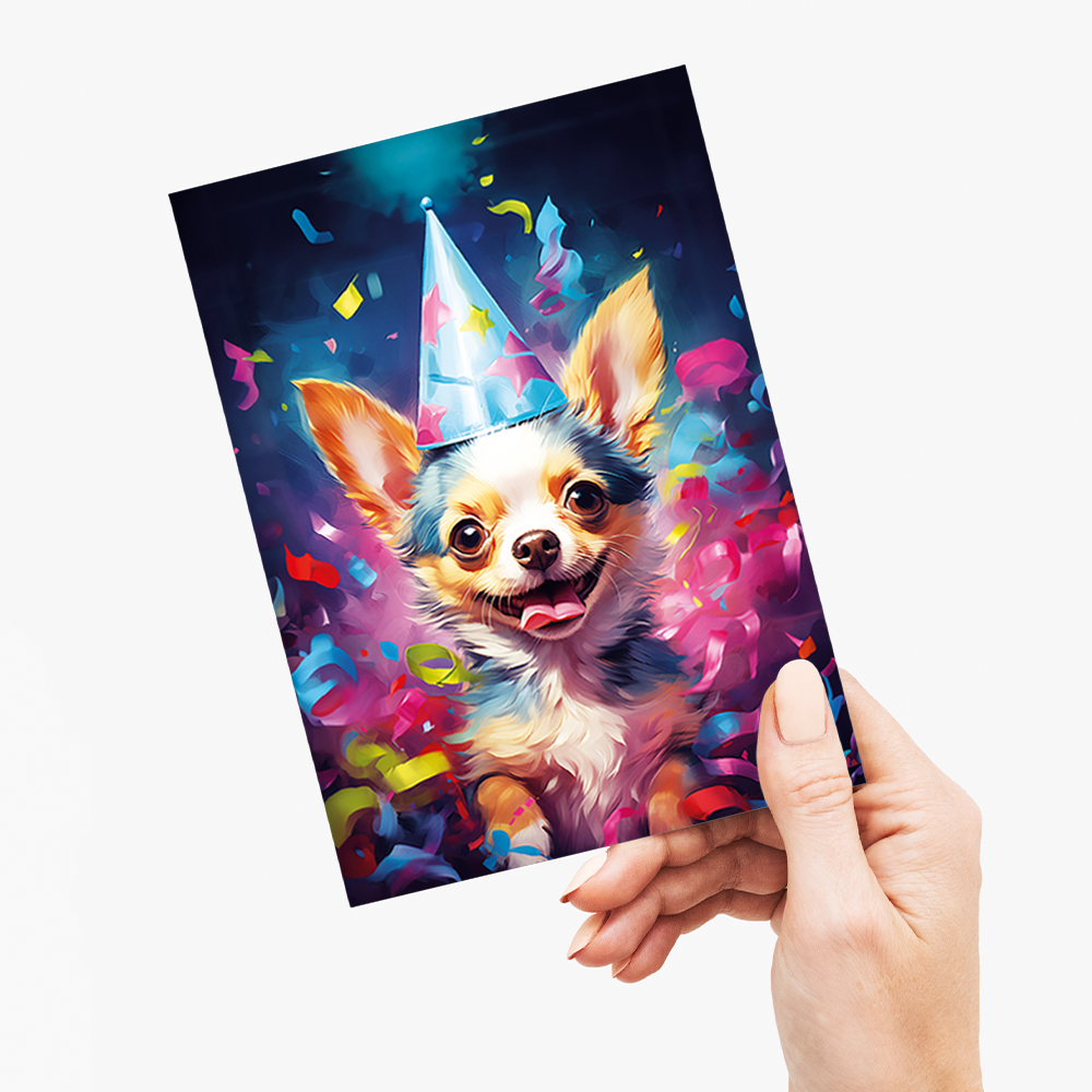 Chihuahua with a party hat colourful painting - Greeting Card
