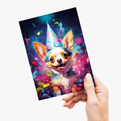 Chihuahua with a party hat colourful painting - Greeting Card