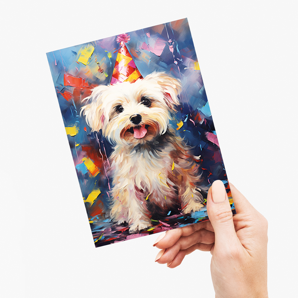 Maltese with wa party hat colourful painting II - Greeting Card