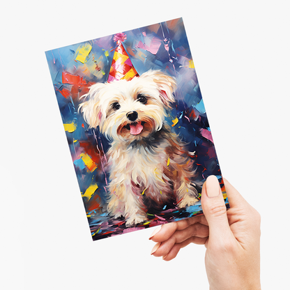 Maltese with wa party hat colourful painting II - Greeting Card