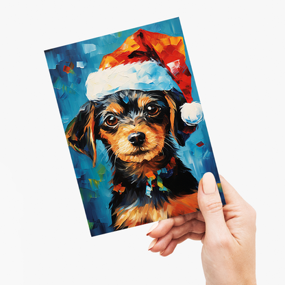 Painting of a cute puppy wearing a Christmas hat - Greeting Card