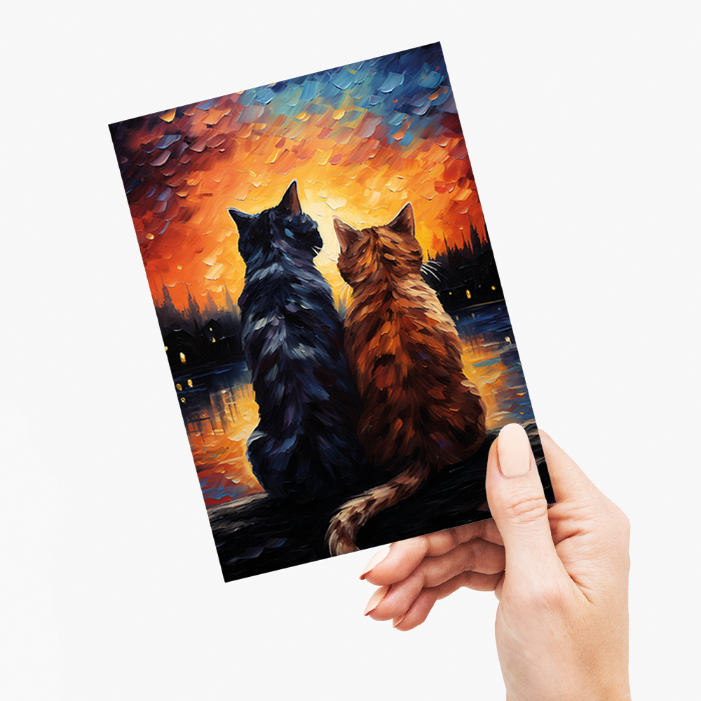 Couple of cat looking at the sunset - Greeting Card