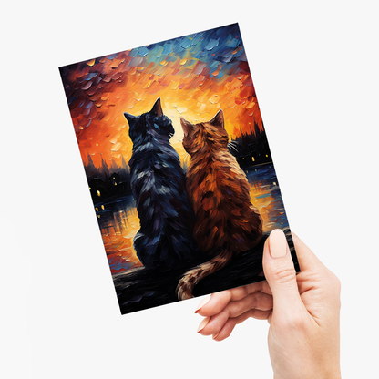 Couple of cat looking at the sunset - Greeting Card