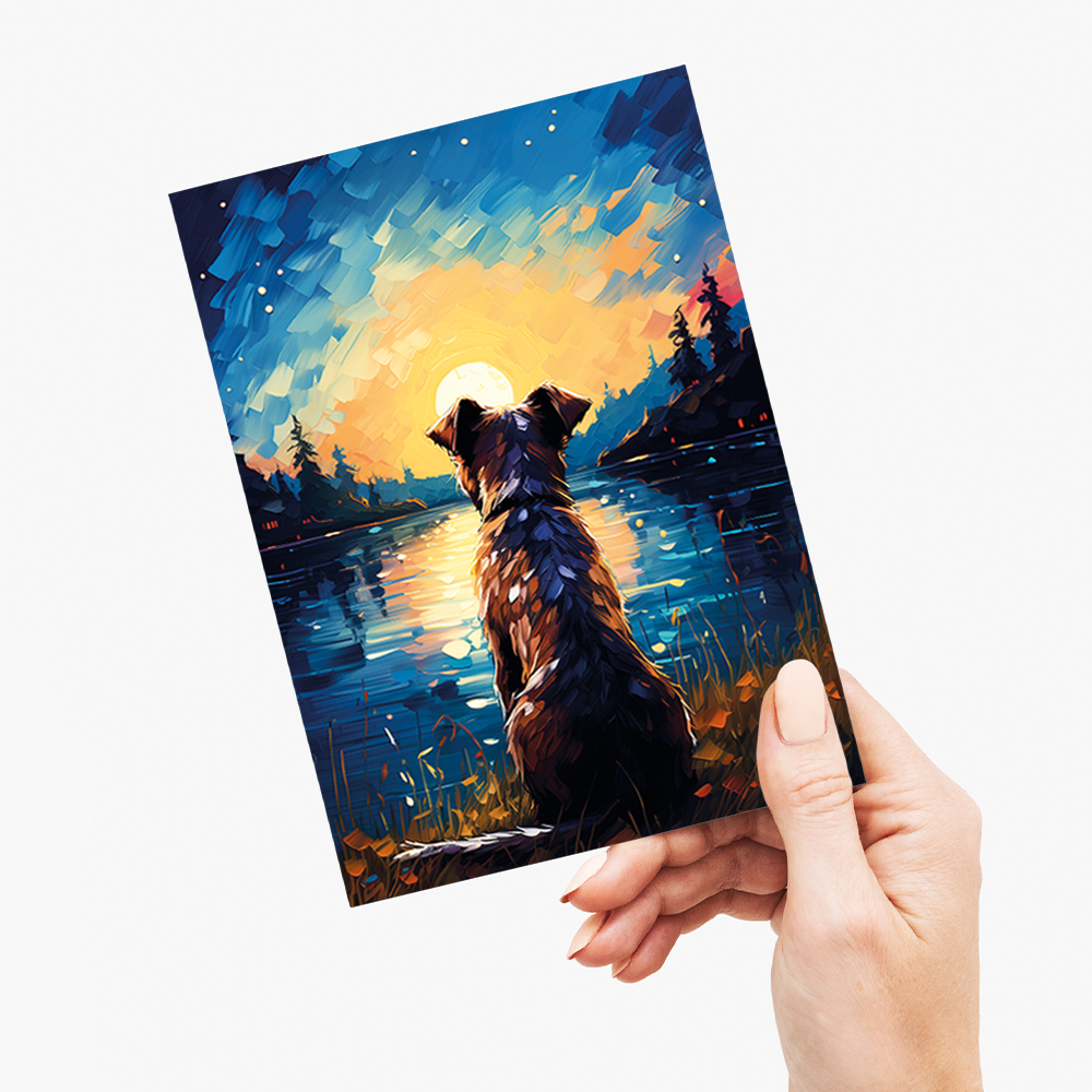 Dog looking at the sun set Van Gogh style - Greeting Card