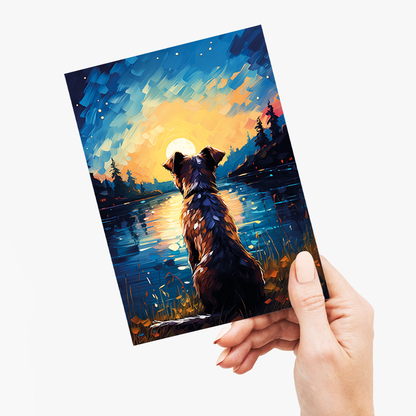 Dog looking at the sun set Van Gogh style - Greeting Card
