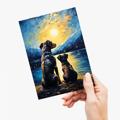 Dog and puppy looking at the starry night Van Gogh style - Greeting Card