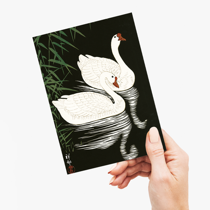 White Chinese Geese Swimming by Reeds By Ohara Koson - Greeting Card