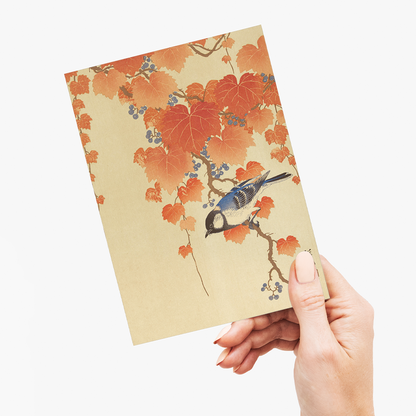 Great tit on paulownia branch By Ohara Koson - Greeting Card